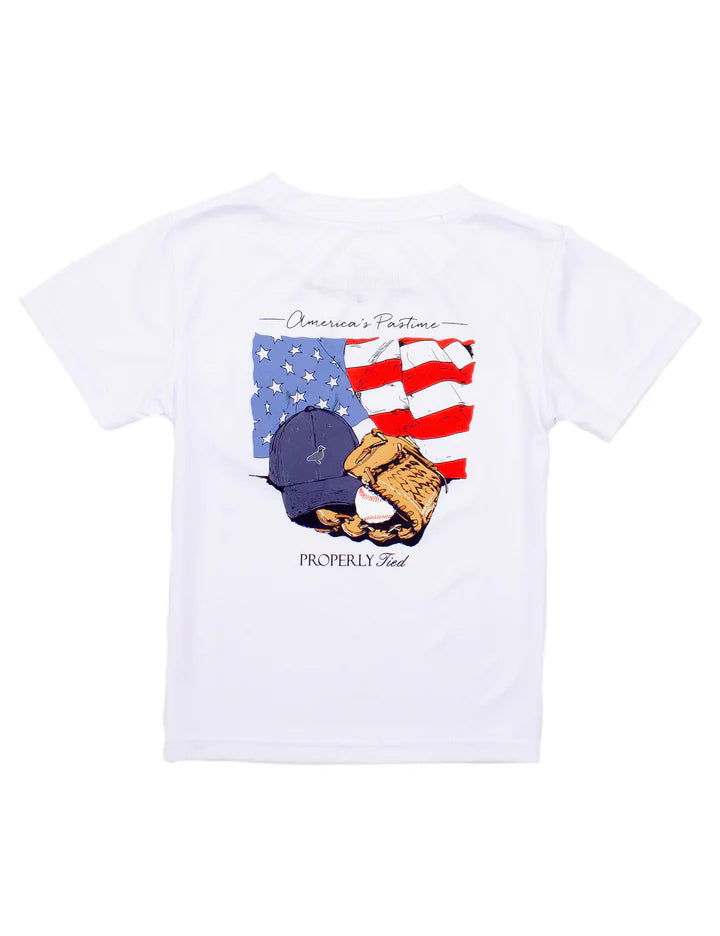 White t-shirt with graphic design of a baseball hat and glove with a flag, and text on a white background