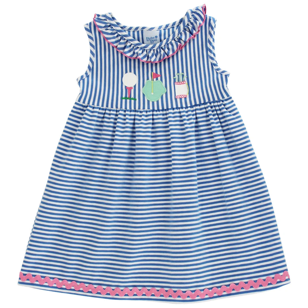 Blue and white striped dress with colorful golf details