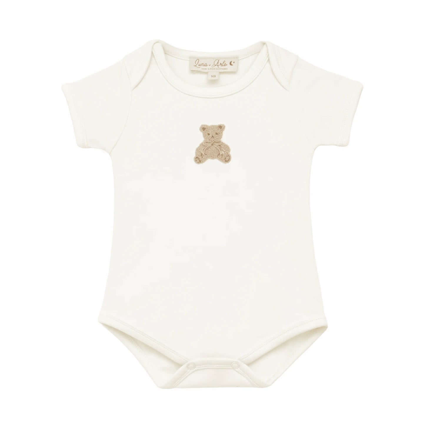 Lap shoulder ivory colored gender neutral onesie with embroidered teddy bear at the center chest.