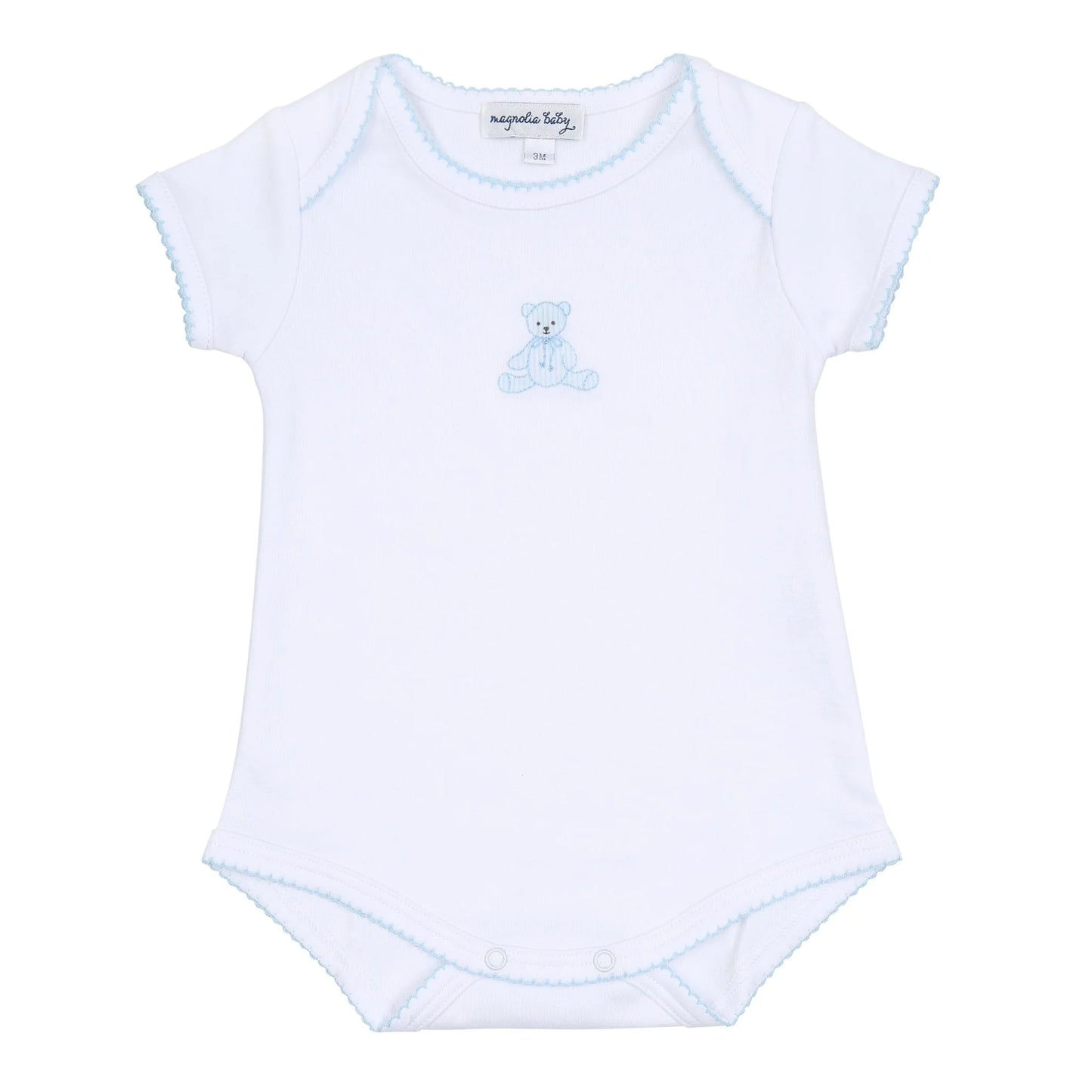 White lap shoulder onesie with sky blue trim and an embroidered bear on the center chest.