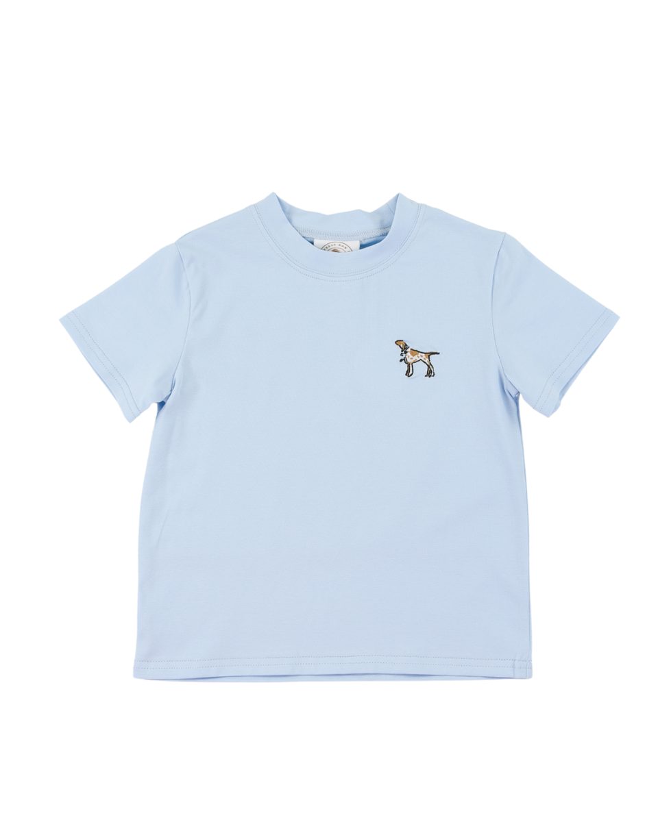 Light blue t-shirt with a small dog graphic