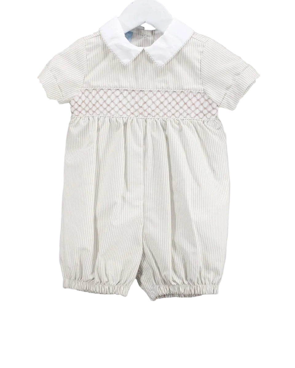 Boy tan striped smocked shortall with white collar.