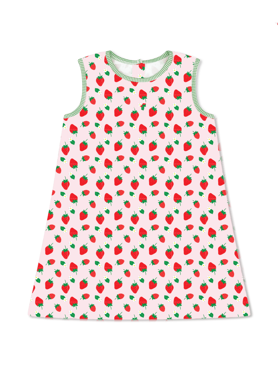 pink dress with strawberry pattern and green and white check trim