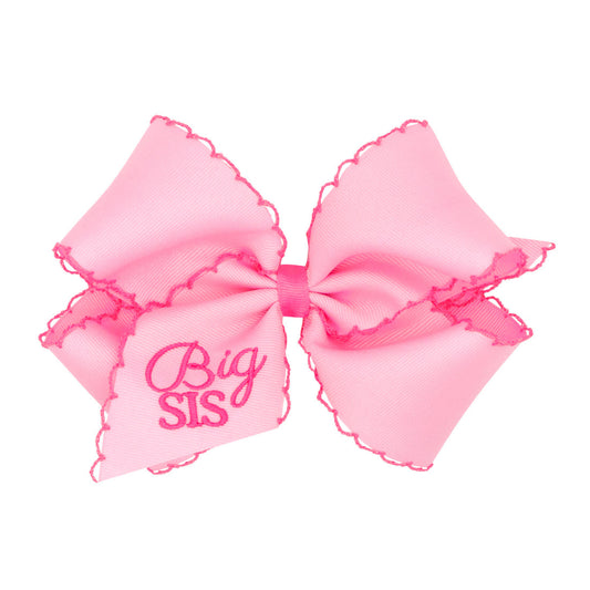 Pink "Big Sis" Embroidered Grosgrain Hair Bow with Hot Pink Moonstitch Edge