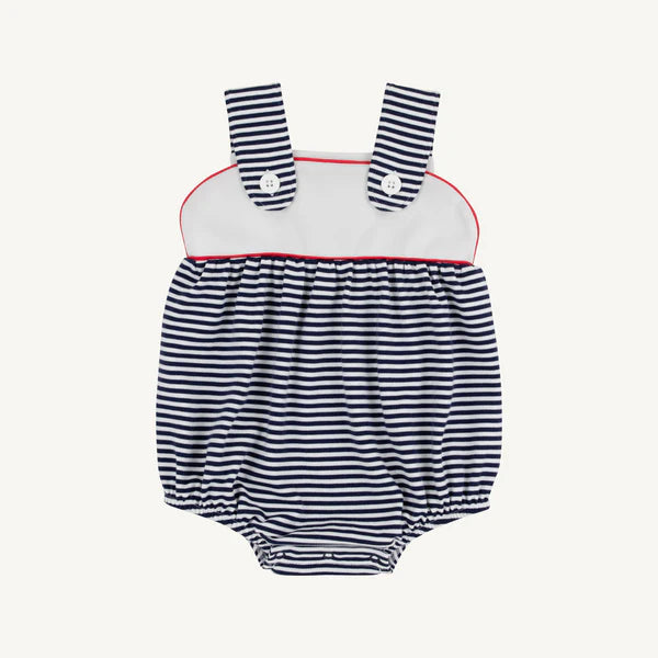 Navy and white striped baby bubble with red trim