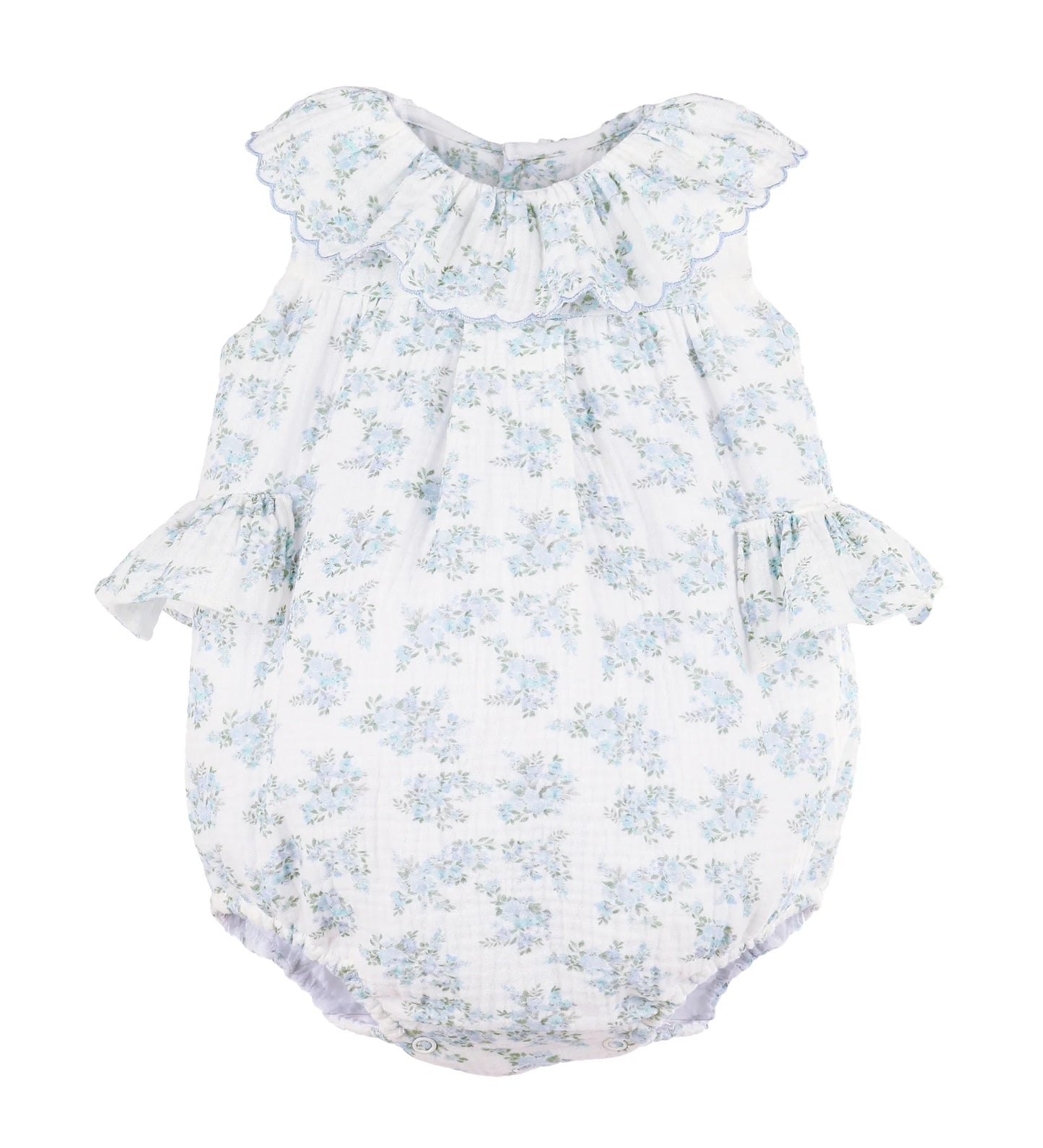 Blue and white floral bubble with scallop collar and bow in back