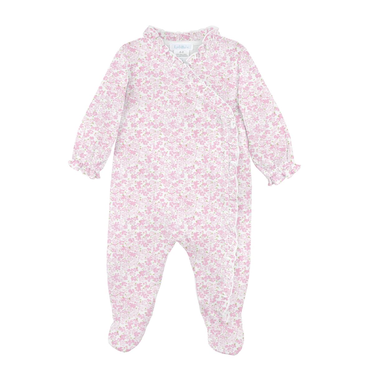 A baby long-sleeve footed sleeper in a light pink and white floral print, featuring a ruffled collar and ruffled cuffs, shown against a plain white background.