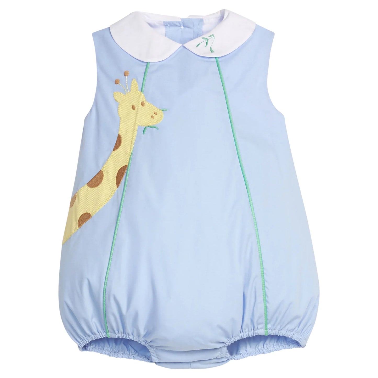 Light blue baby romper with a giraffe design