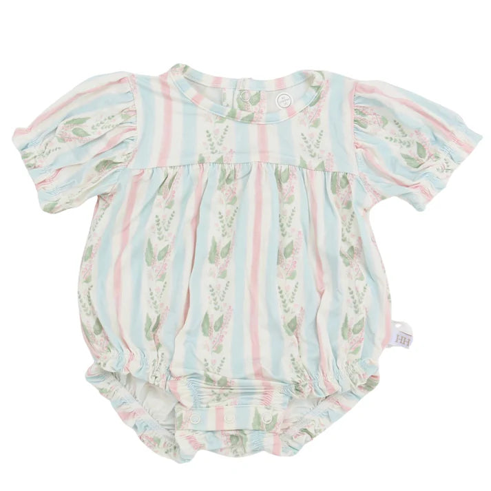 Short sleeve bubble with pink and blue stripes and a floral pattern.