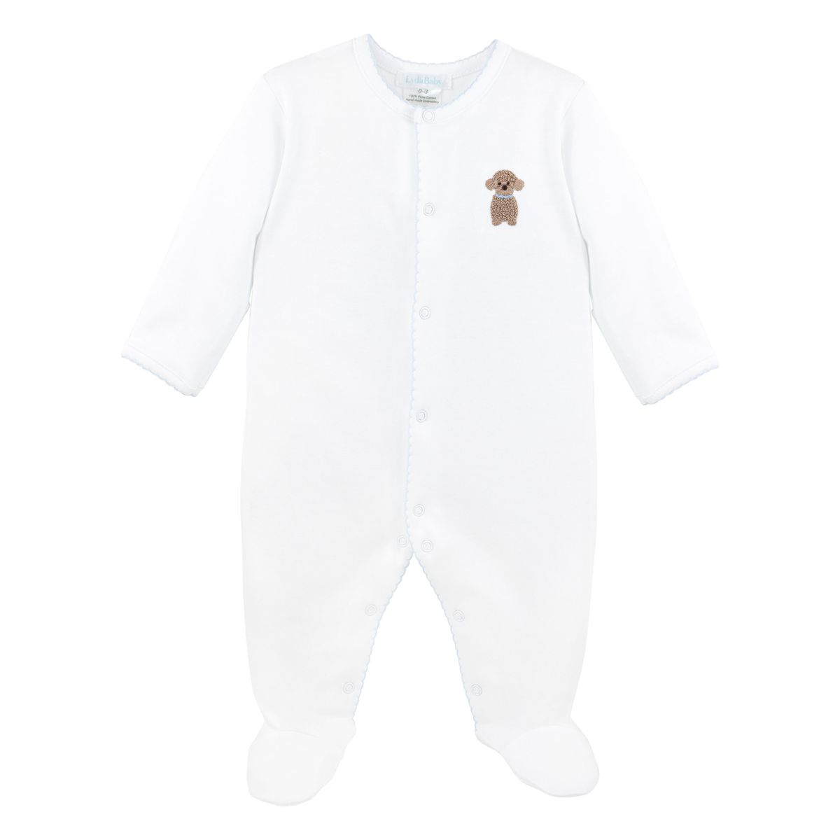 A white long-sleeve baby footed sleeper with a small brown dog graphic on the left chest, shown against a plain white background.