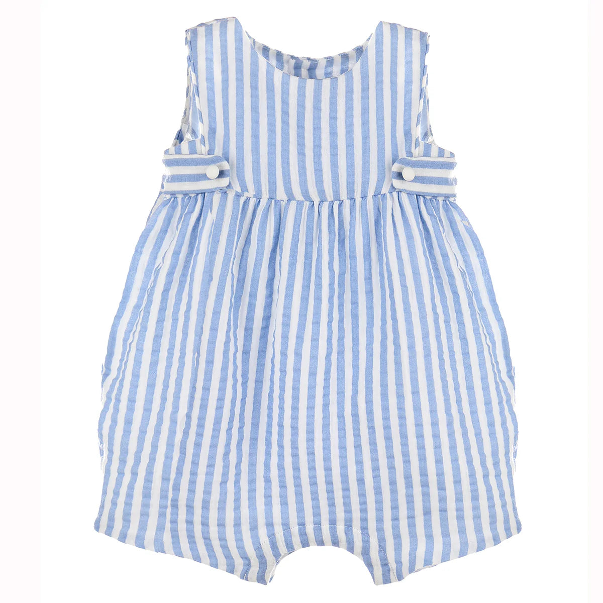 Blue and white striped sleeveless cotton romper