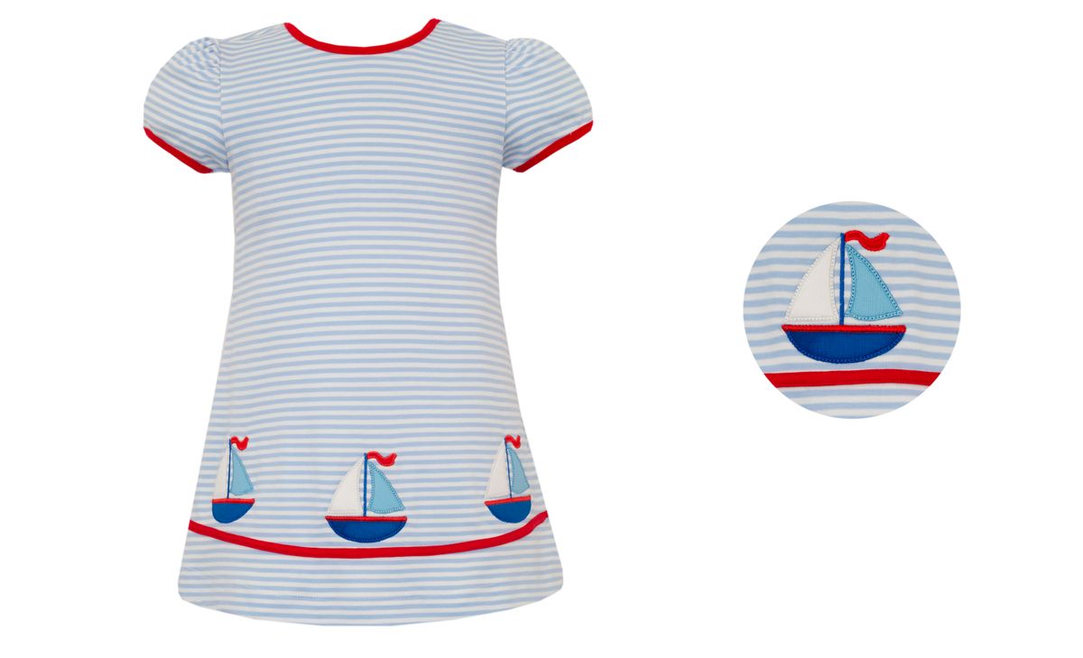 Blue/white striped A line dress with red trim and sailboat design