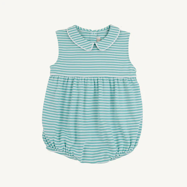 Teal Striped baby romper with collar