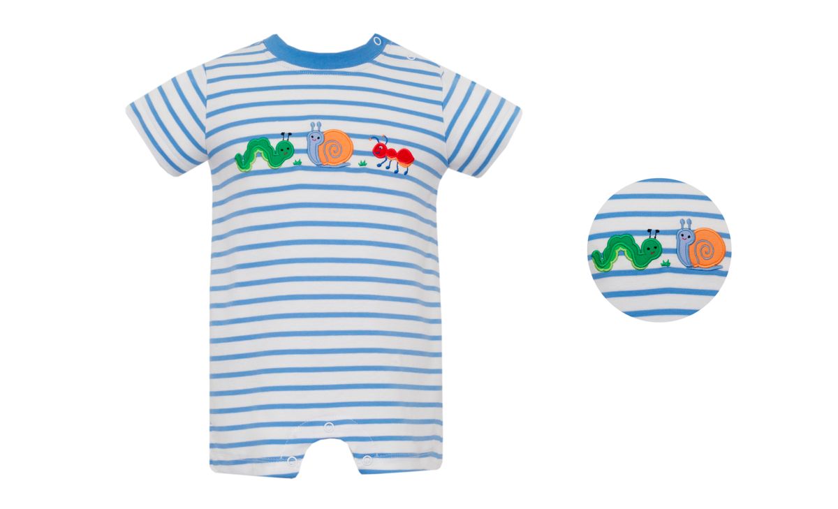 Striped baby romper with bug design