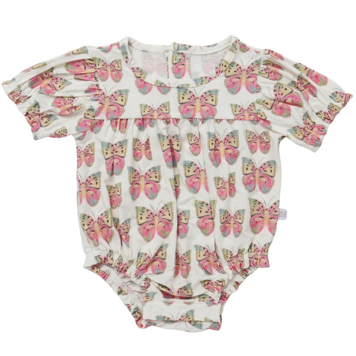 Short sleeve bubble with pink butterfly design.
