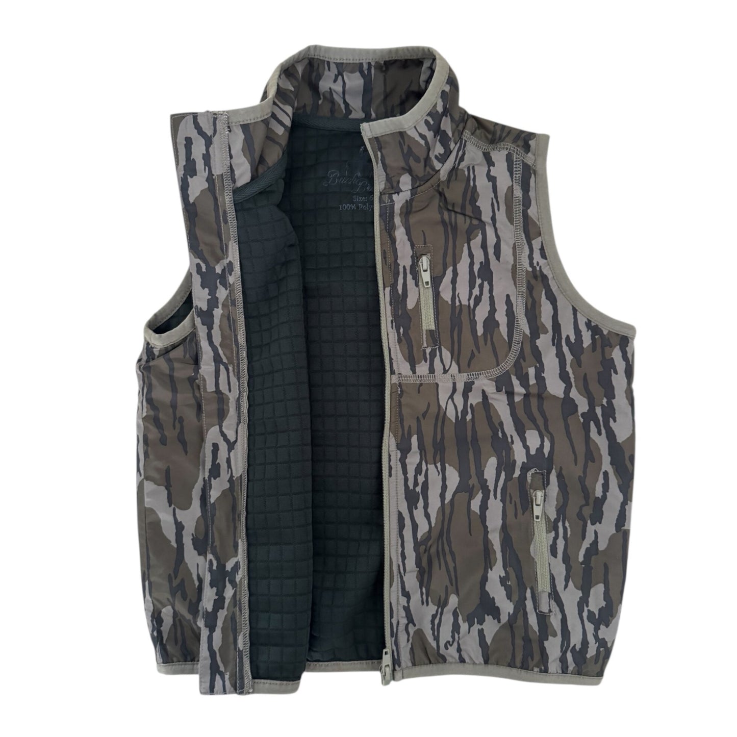 A sleeveless zip-front vest with a camouflage pattern in gray, brown, and beige, featuring a dark quilted interior lining and a stand-up collar, shown on a plain white background.
