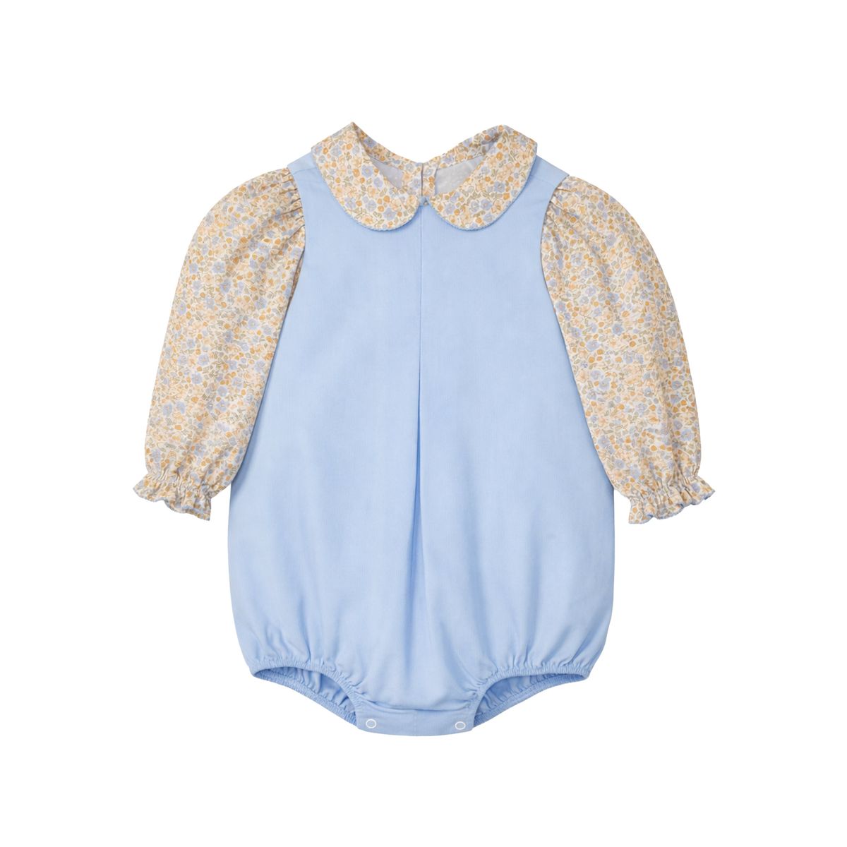 A baby girl's short-sleeve bodysuit featuring a light blue body and long sleeves with a yellow and white floral print, complete with a matching light blue Peter Pan collar.