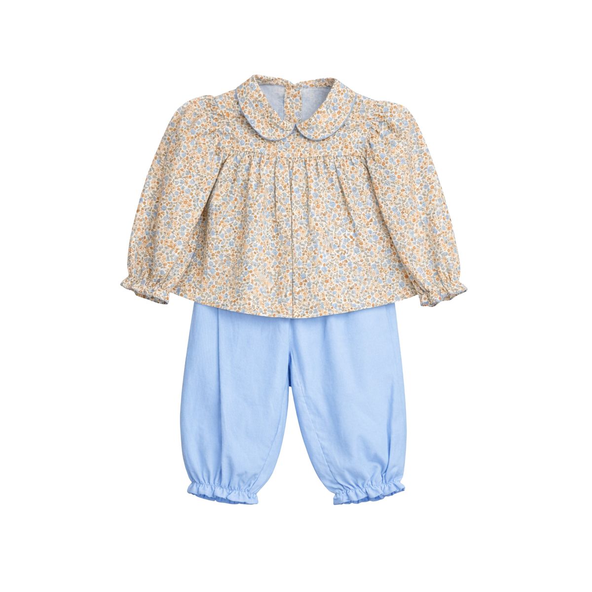 A toddler girl's two-piece outfit featuring a long-sleeve blouse with a yellow and blue floral print and a Peter Pan collar, paired with light blue pants with elastic cuffs.
