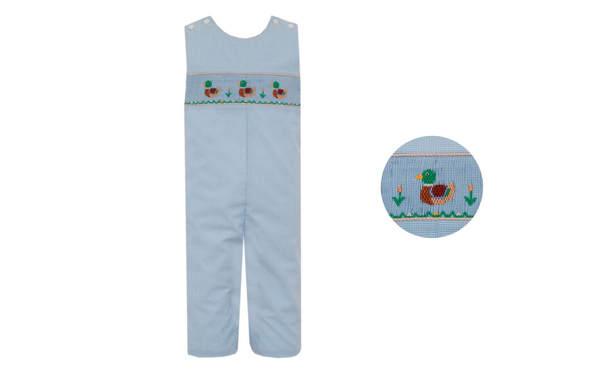 Light blue children's romper with smocked duck design on a white background