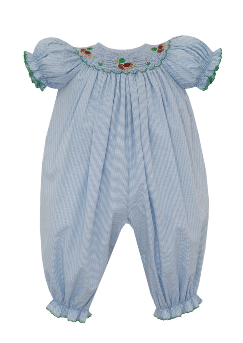 Light blue baby romper with smocked duck embroidery on a white background