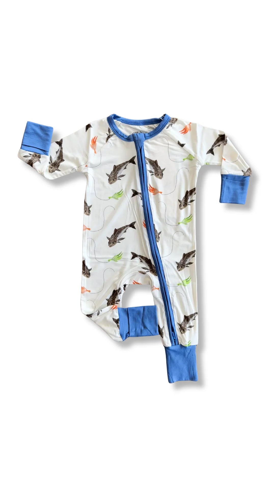 Baby onesie with cobia pattern and blue accents on a white background