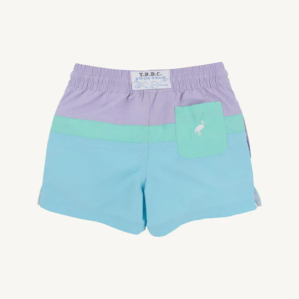 Color-blocked shorts with a small pocket and brand label with purple, teal and blue