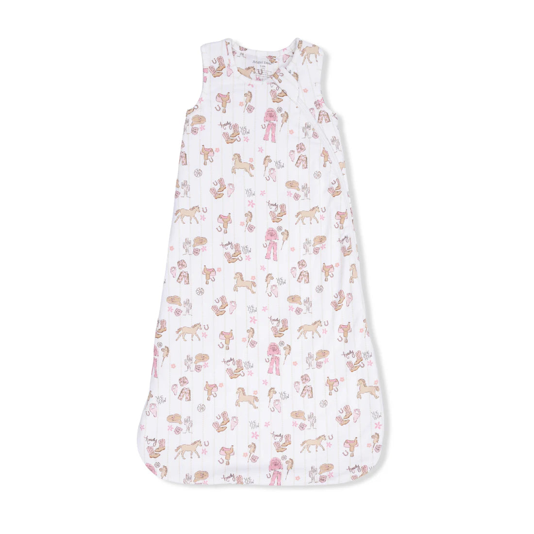 Sleep bag with a pink and tan cowgirl pattern.