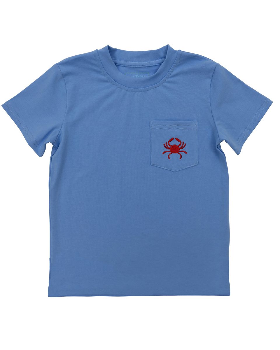 Blue pocket shirt with crab embroidery on it