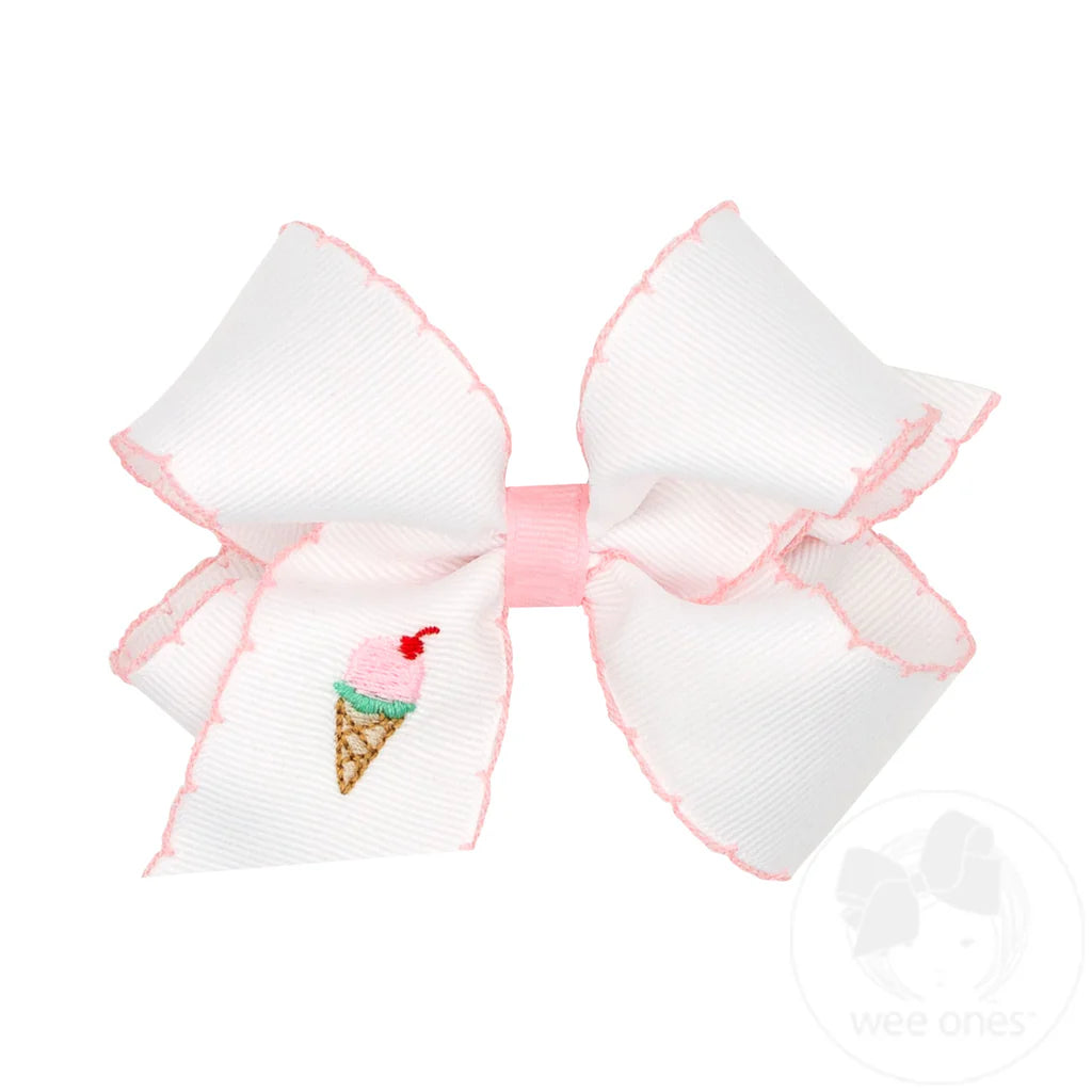 Grosgrain Hair Bow with Moonstitch Edge and Ice Cream Embroidery