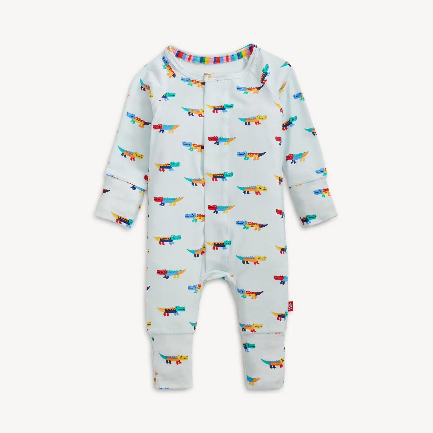 Pale blue coverall with colorful crocodile pattern.