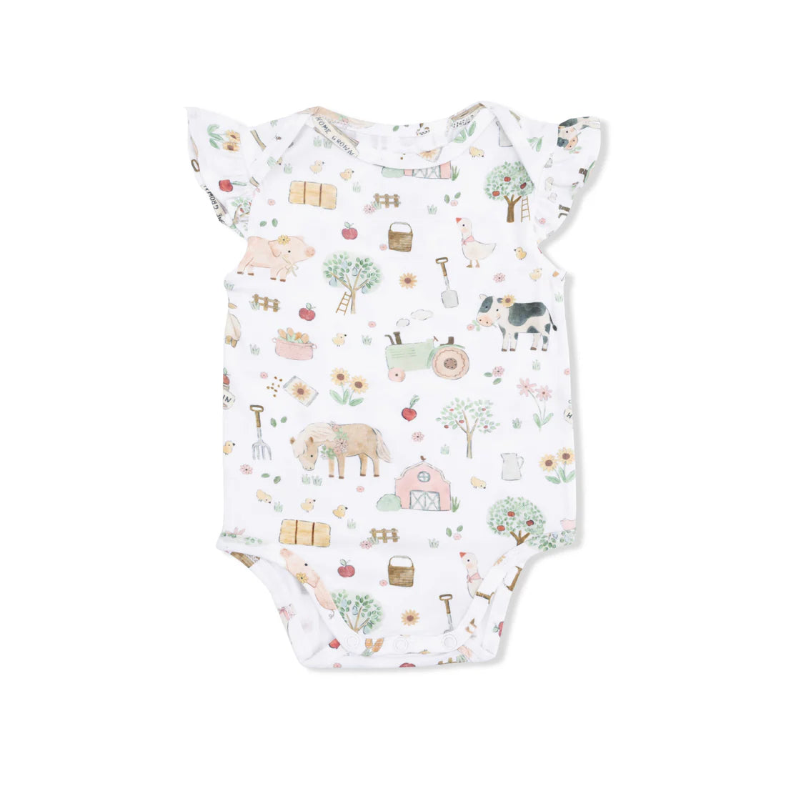 Baby girl's onesie with farm animal print and ruffled short sleeves.
