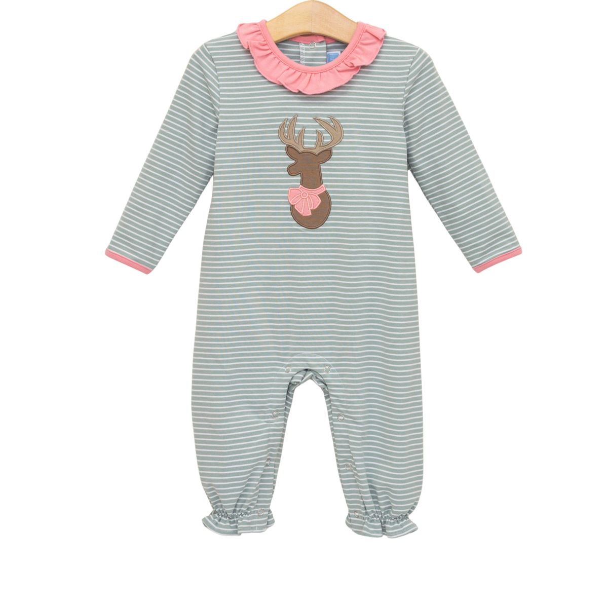 Striped baby romper with deer design with pink ruffle collar