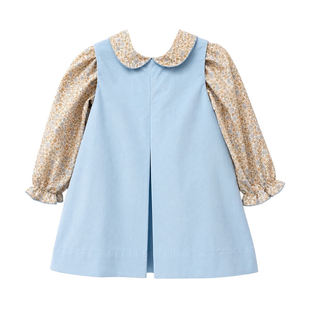 A children's long-sleeve dress with a light blue sleeveless vest body, a floral-patterned collar, and matching floral puff sleeves in beige, brown, and blue tones, shown on a plain white background.
