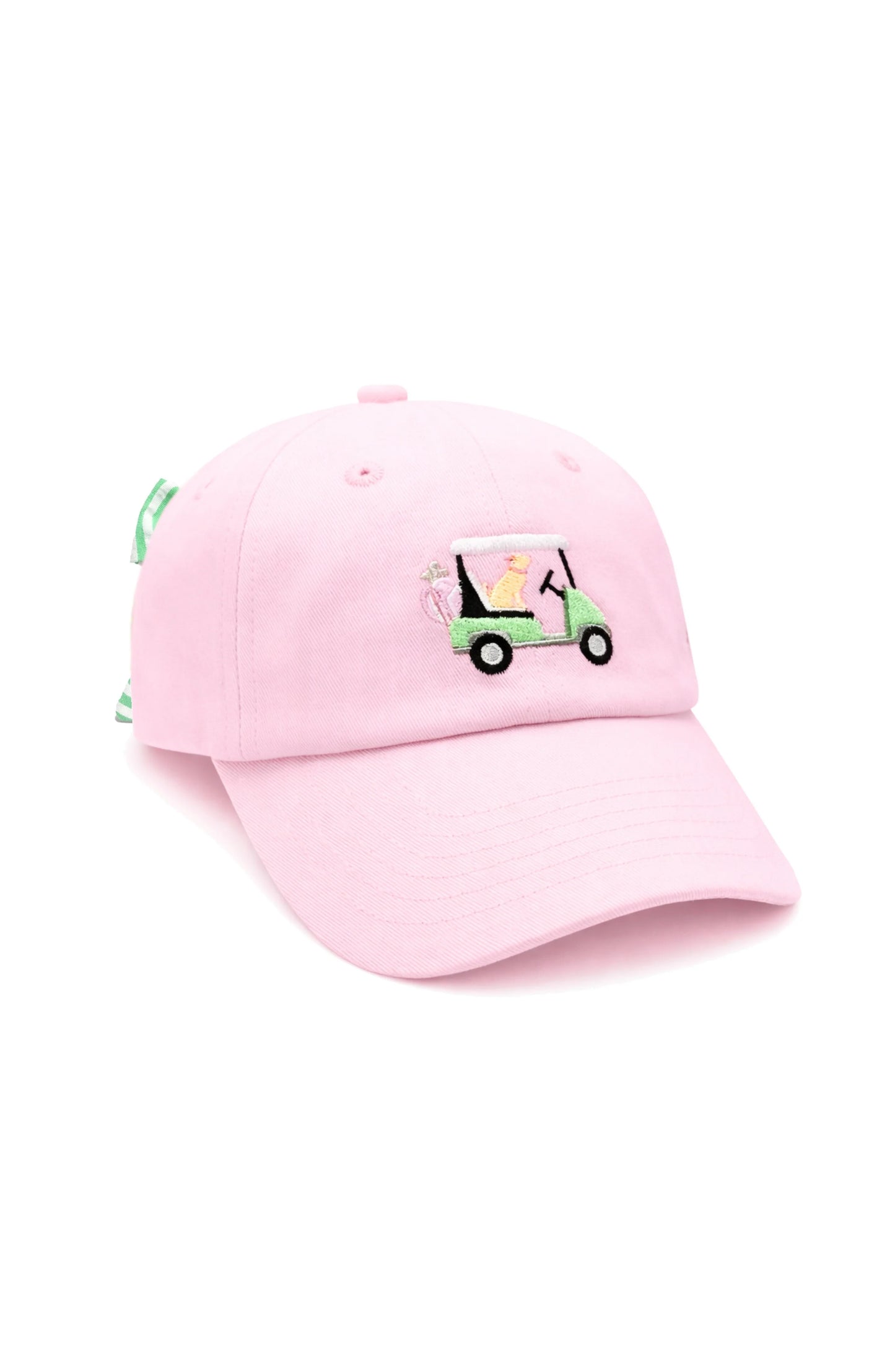 Pink baseball cap with golf cart with dog and bow in the back