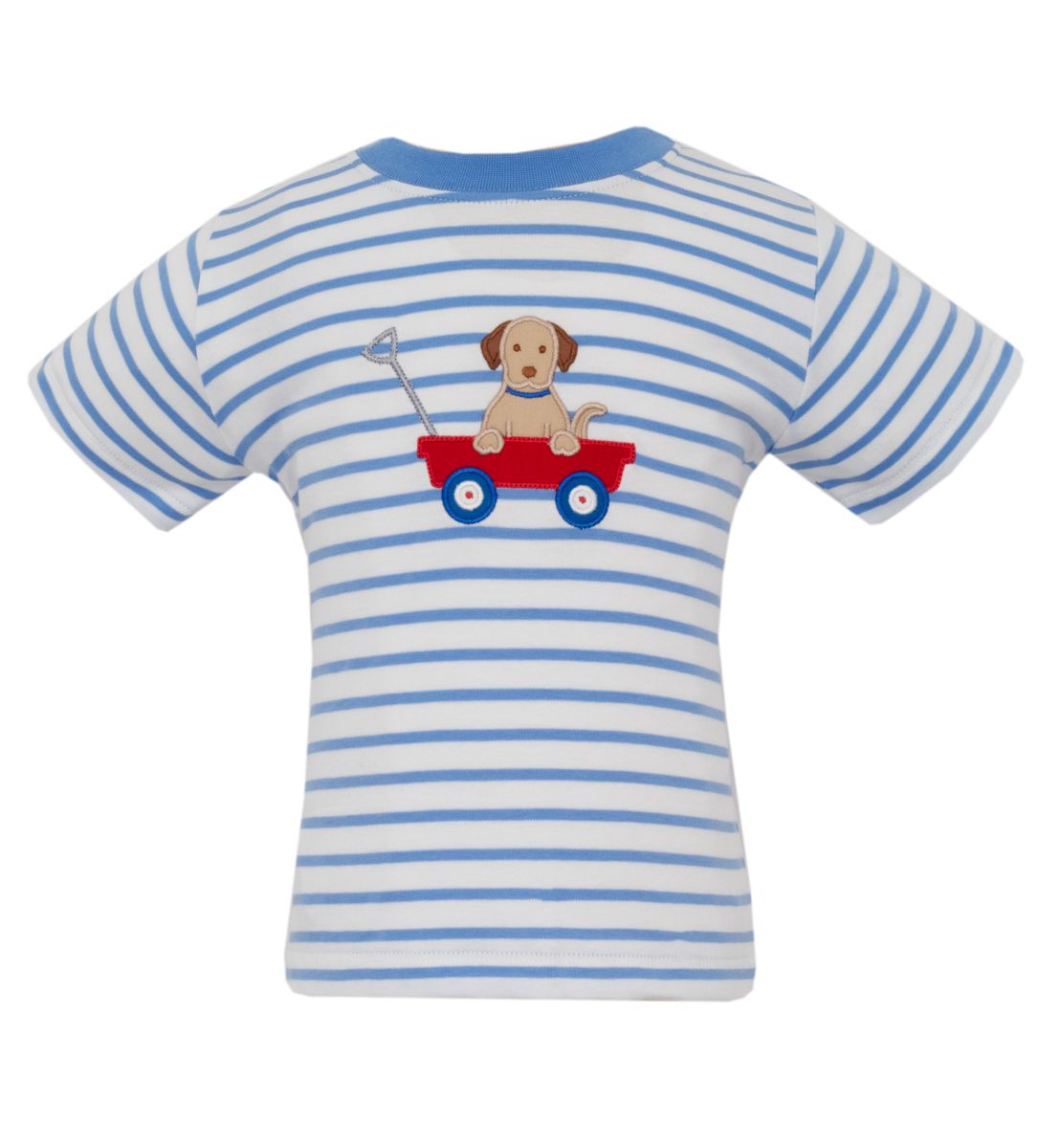 Striped t-shirt with a dog in a red wagon graphic on a white background