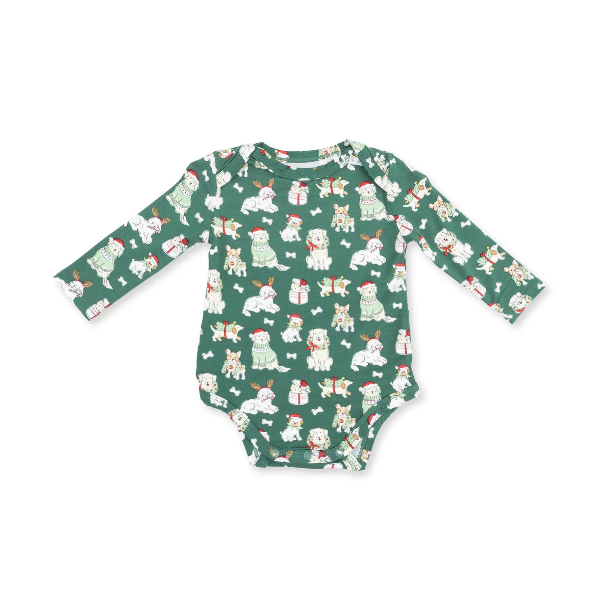 A long-sleeve baby bodysuit in dark green with an all-over print of white dogs wearing Santa hats, scarves, and boots, set against a plain white background.