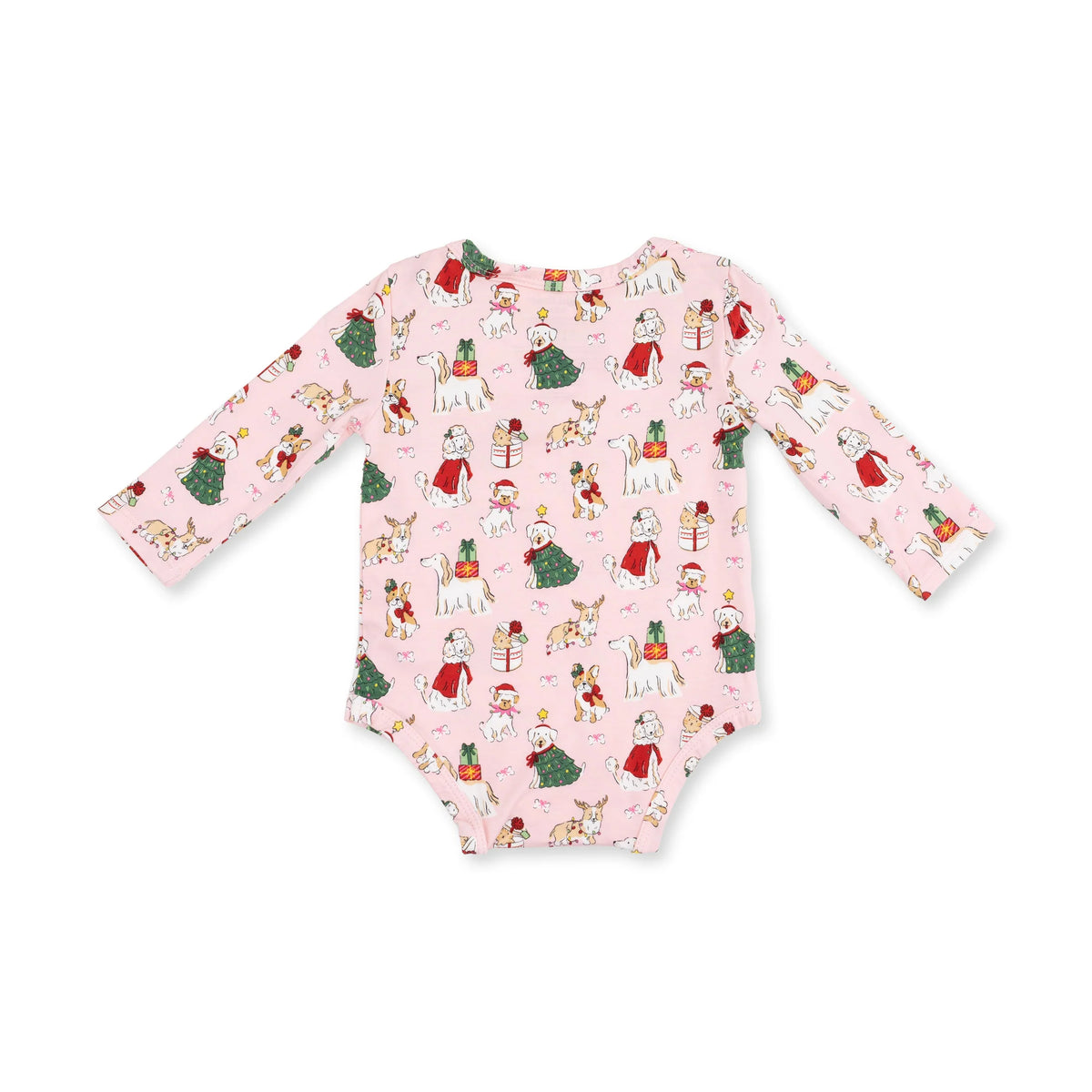A long-sleeve baby bodysuit in light pink with an all-over Christmas dog print, featuring white dogs in red and green holiday outfits, displayed flat against a white background.