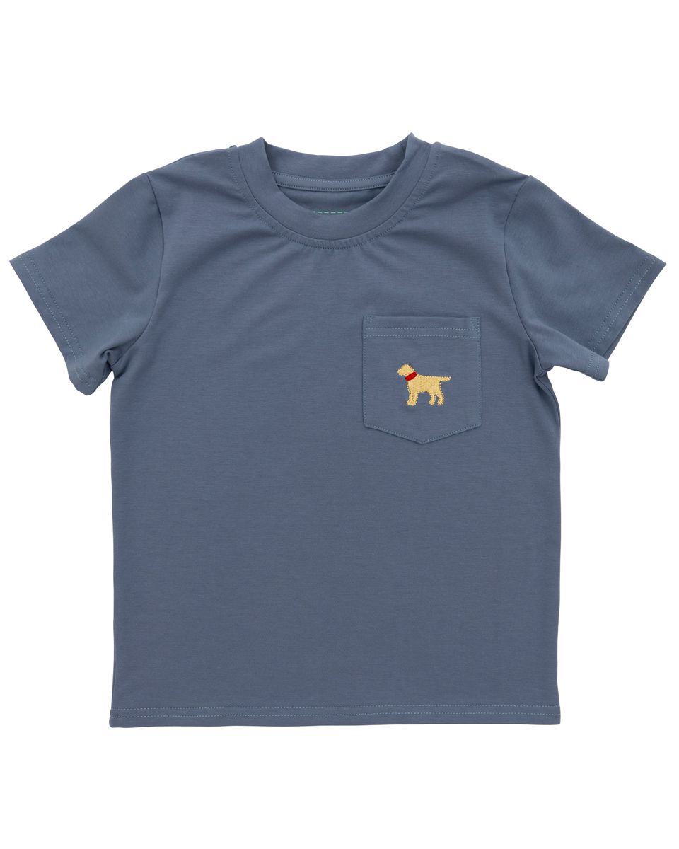 blue shirt with embroidered dog on pocket