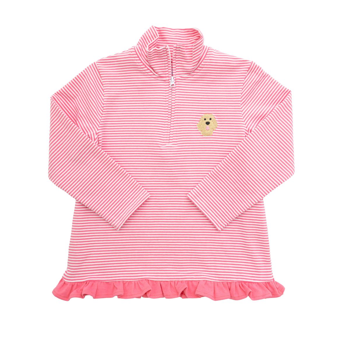 A pink and white striped long-sleeve quarter-zip pullover with a small golden doodle face patch on the chest and a ruffled hem, shown flat on a white background.