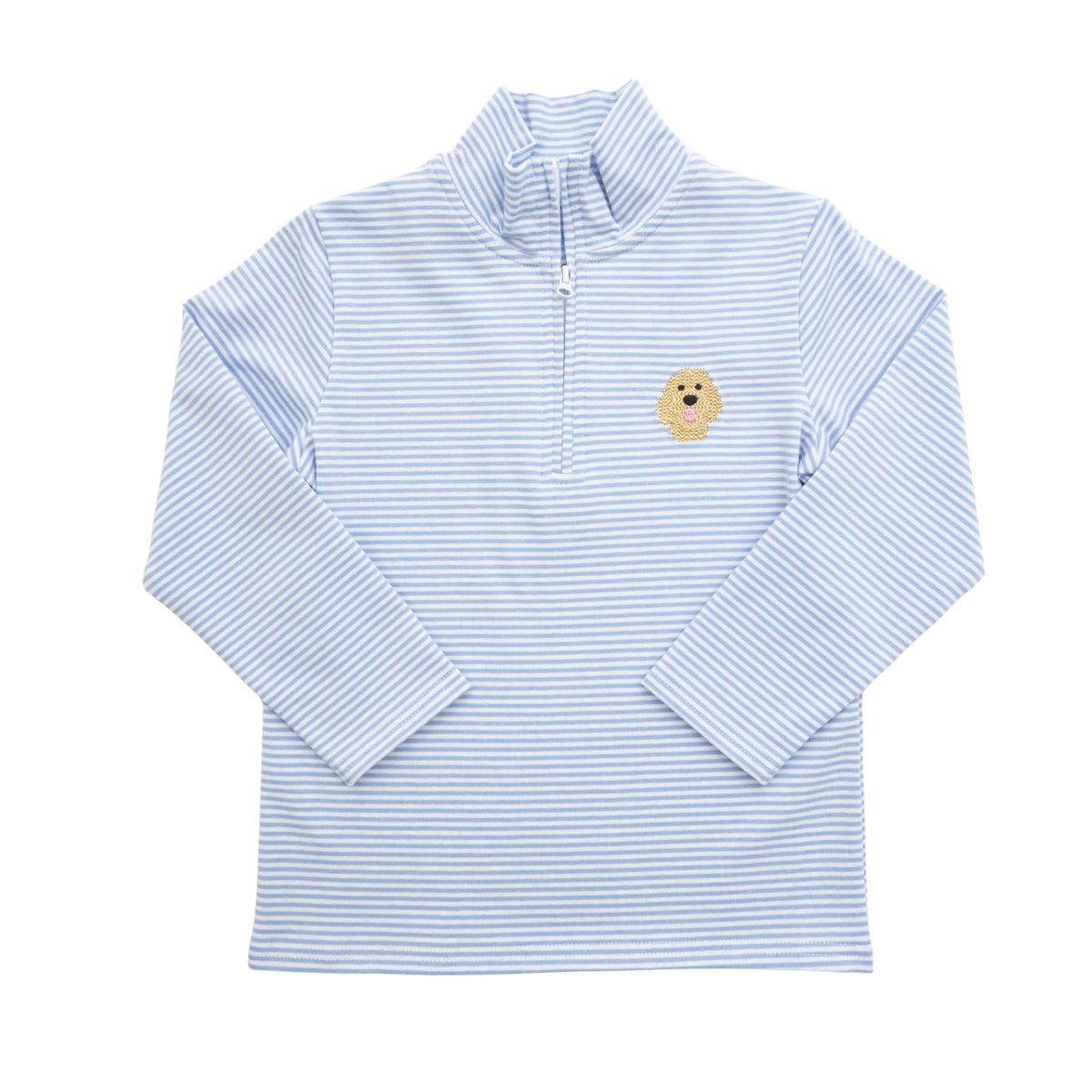 A light blue and white striped long-sleeve quarter-zip pullover with a small embroidered dog face patch on the left chest, displayed flat against a white background.