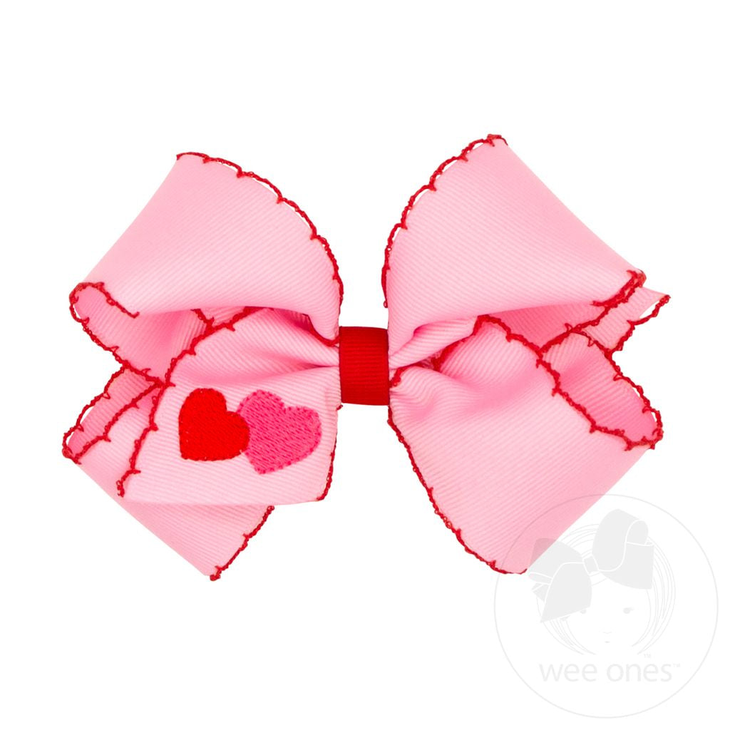 Heart Embroidered Grosgrain Hair Bow with Moonstitch Edge