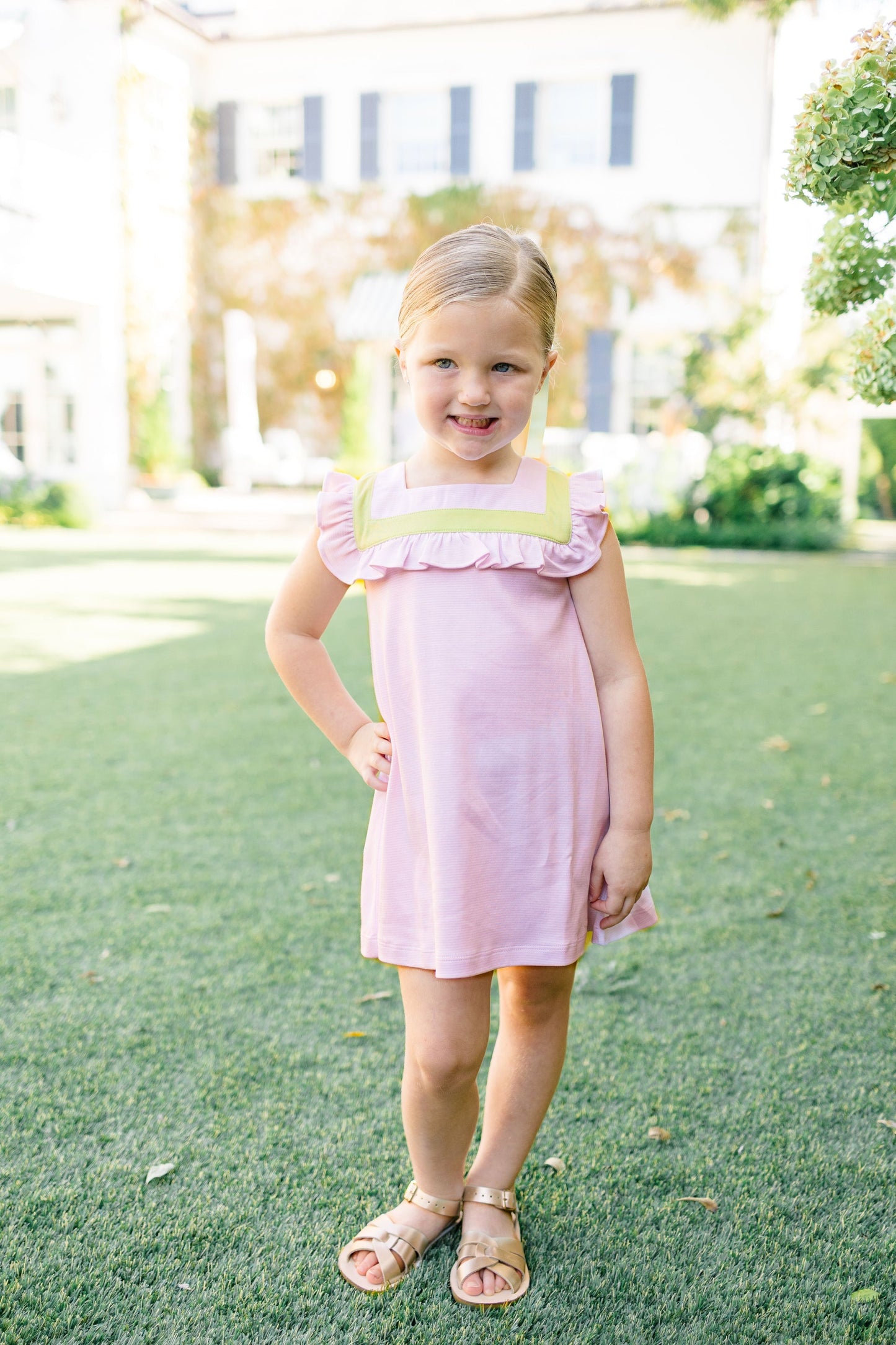 Pink with Green Stripe Sleeveless Dress