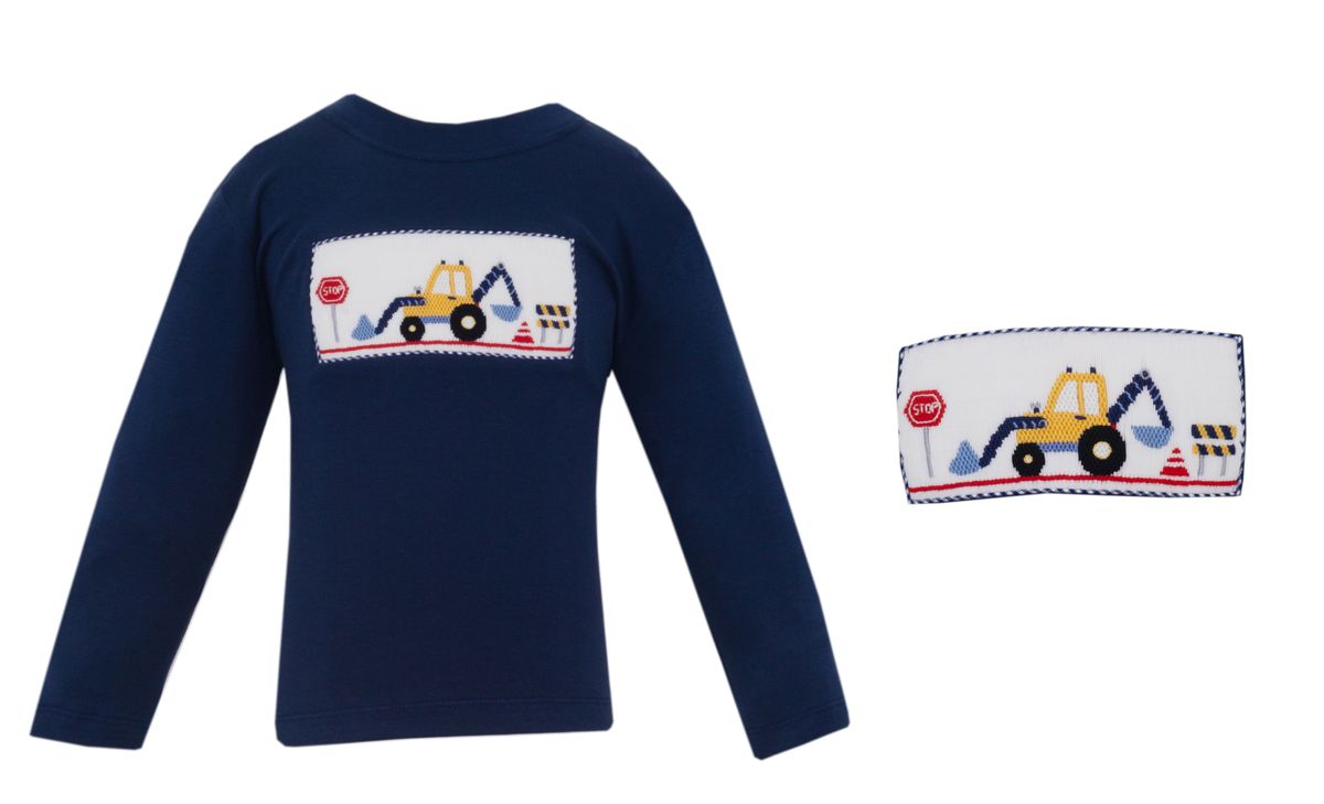 Navy blue long-sleeve shirt with smocked construction vehicle design