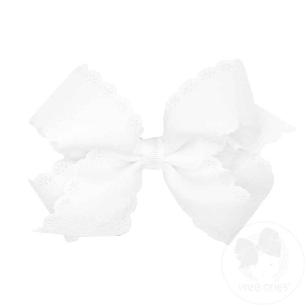 Grosgrain Bow with Eyelet Flower-Embossed Edges - White