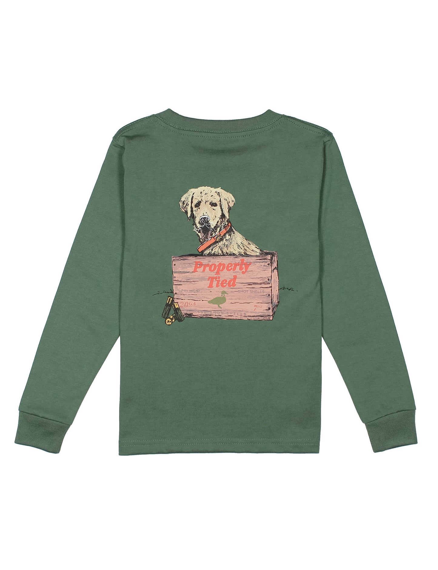 Green long-sleeve shirt with a dog graphic on the back against a white background