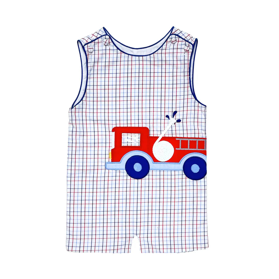 Plaid romper with fire truck design on a white background