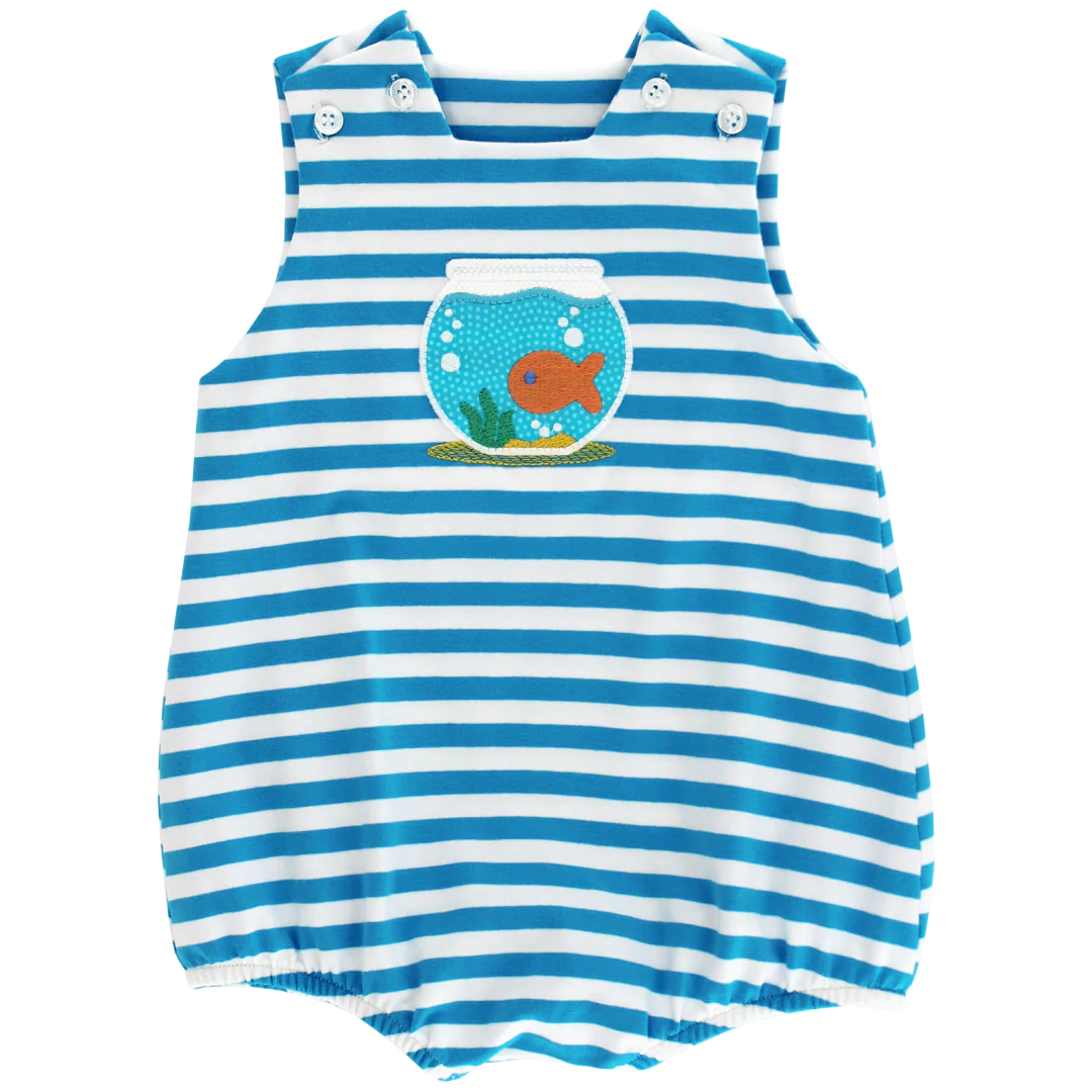 Blue and white striped romper with fish bowl design on a white background
