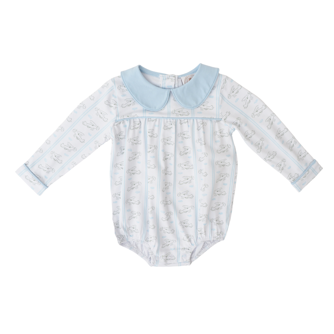 A baby long-sleeve romper with a light blue Peter Pan collar, featuring a white body with a light blue stripe and a delicate gray bunny print, shown on a plain white background.