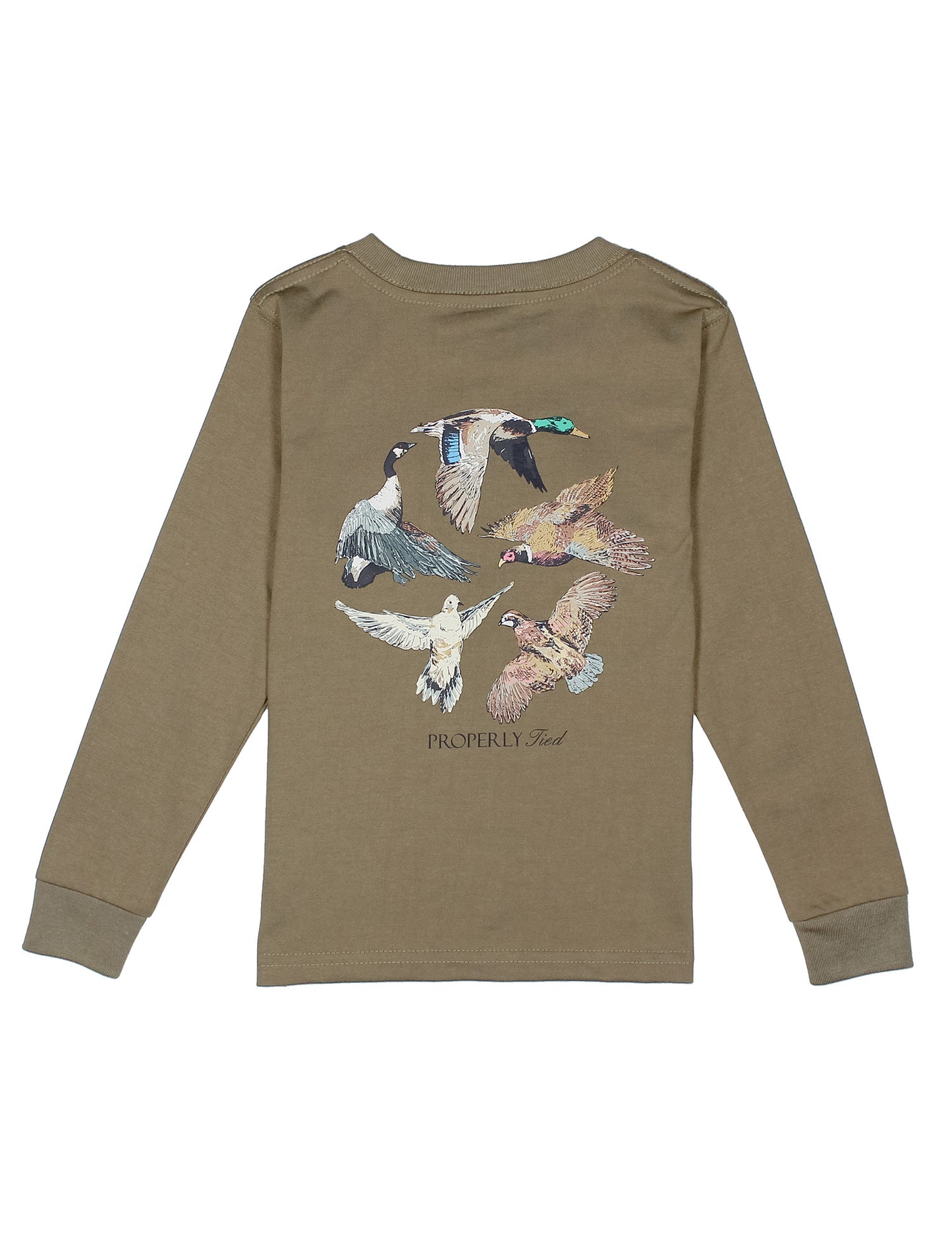 Green long-sleeve shirt with bird design on a white background