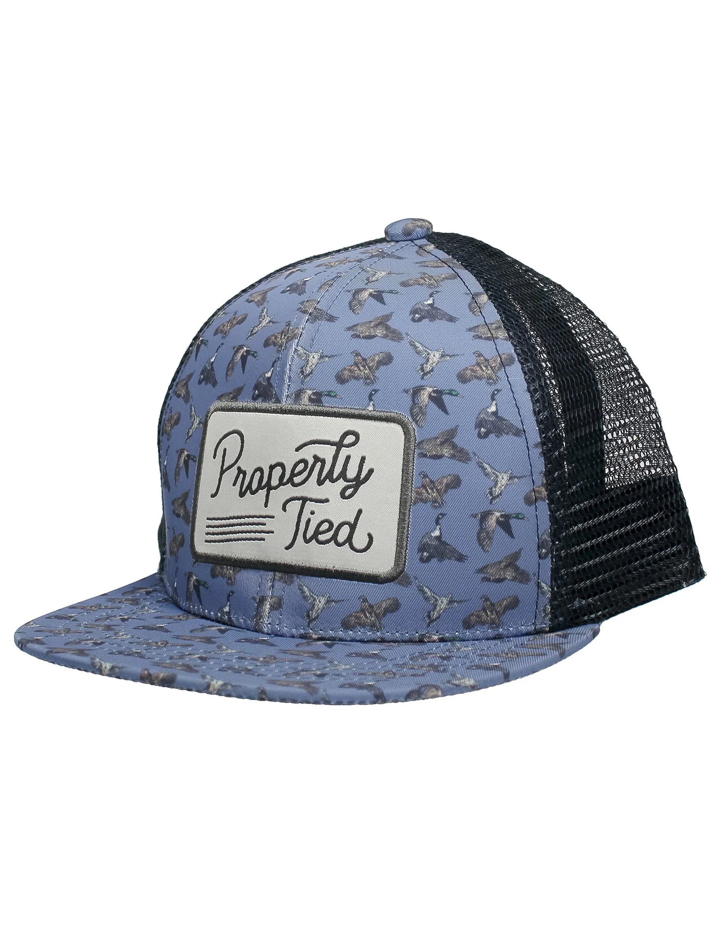 Blue hat with a flock of birds pattern and a Properly Tied patch.